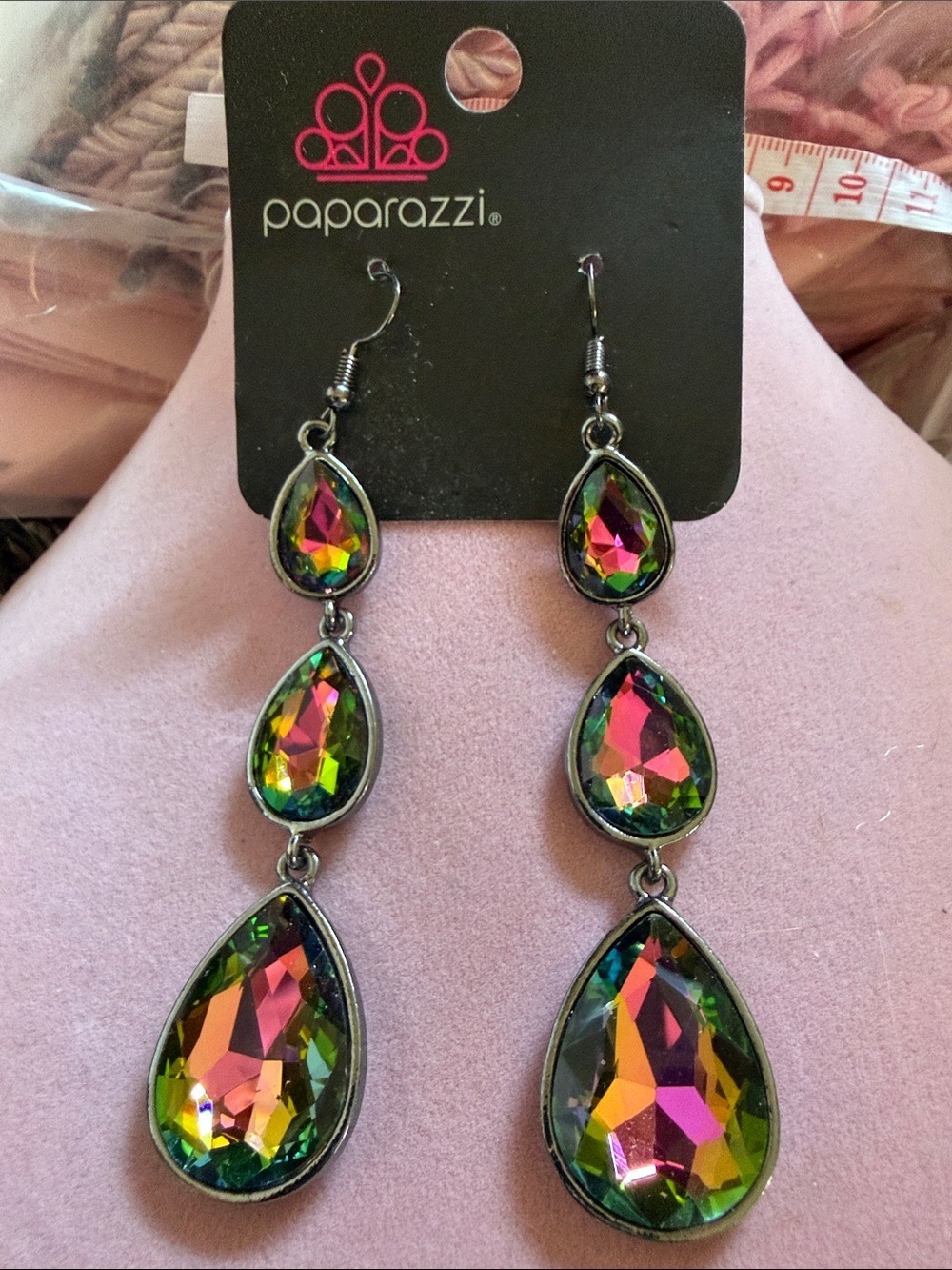 Paparazzi Multicolor Iridescent Teardrop Dangle Earrings, 3”, (J0167)